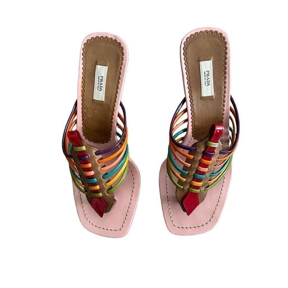 Prada Vera Cuoio Rainbow Strapped Kitten Heel Sandals - Picture 1 of 9